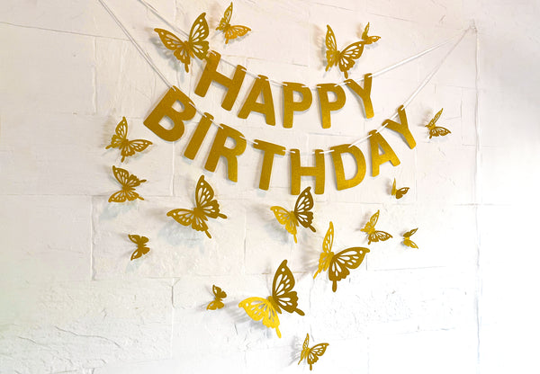 Golden Butterflies and Happy Birthday Paper Party Decor