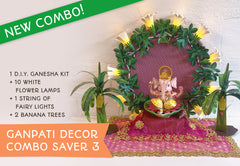 Ganpati Decor Combo Saver 3 - DIY Ganpati + White Flower Fairy Lights + 2 Banana Trees