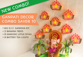 Ganpati Decor Combo Saver 10 - Big Ganesha + 2 Banana Trees + 8 Lotus Diyas with Tea Lights