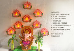 Ganpati Decor Combo Saver 10 - Big Ganesha + 2 Banana Trees + 8 Lotus Diyas with Tea Lights