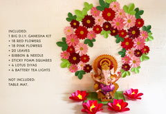 Ganpati Decor Combo Saver 8 - Big Ganesha + 36 Flowers + 20 Leaves + 4 Lotus Diyas