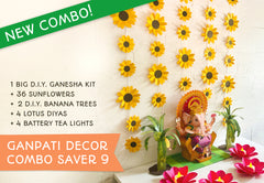 Ganpati Decor Combo Saver 9 - Big Ganesha + 36 Sunflowers + 2 Banana Trees + 4 Lotus Diyas