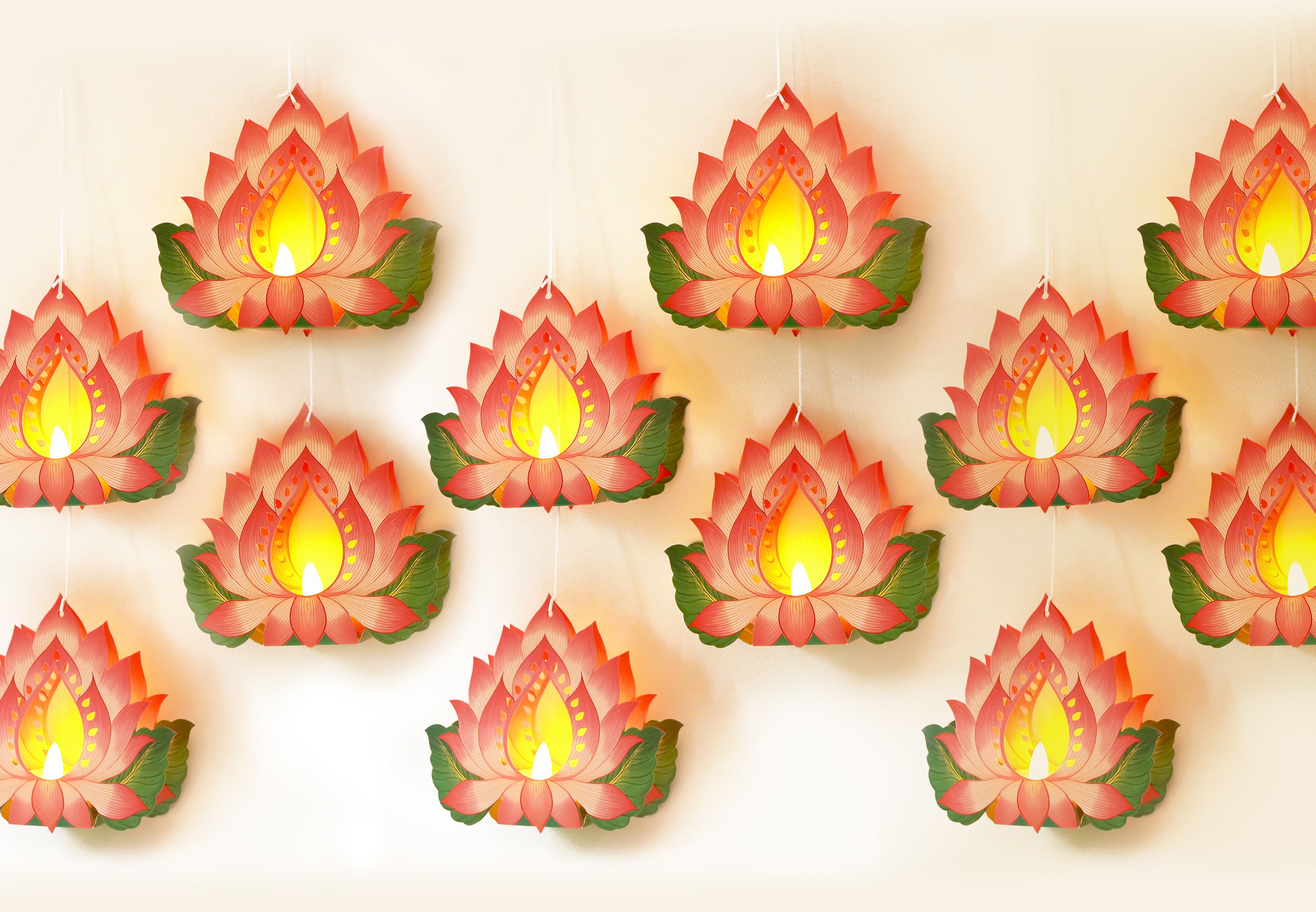 Set of 12 Hanging Lotus Diyas with Electric Tea Lights