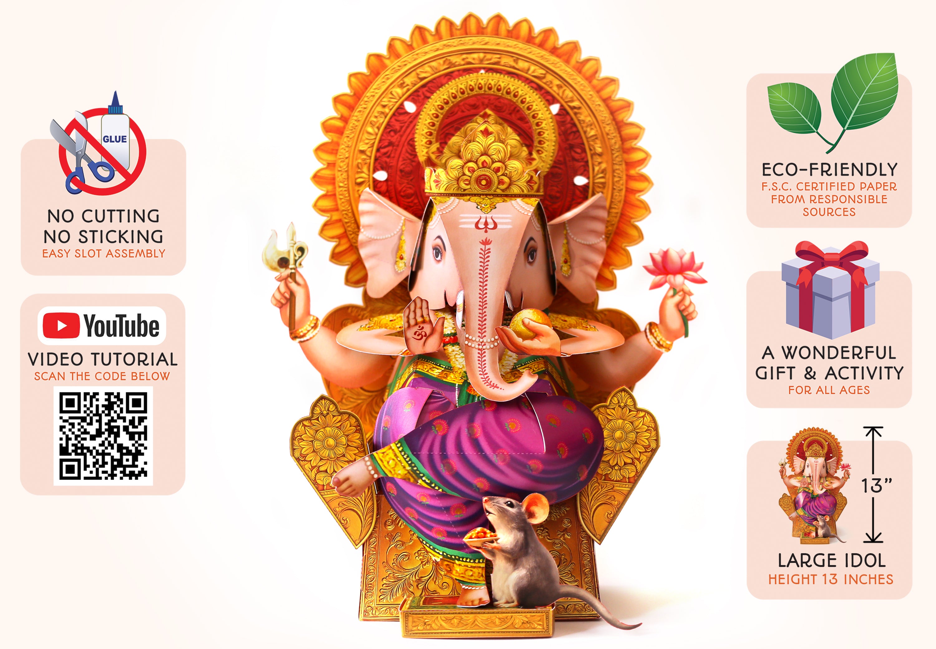 Ganpati Decor Combo Saver 11 - Big Ganesha + 18 Flowers leaves + 2 Banana Trees + 4 Lotus Diyas