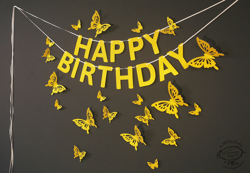 Golden Butterflies and Happy Birthday Paper Party Decor
