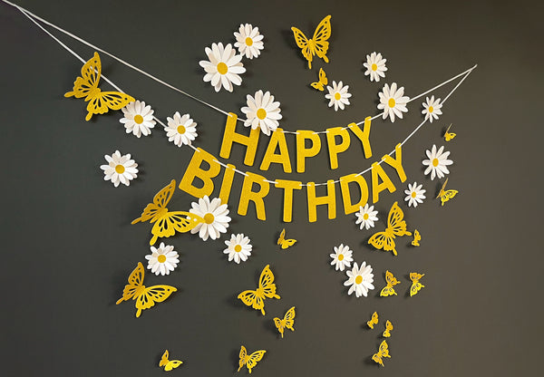 White Daisy Flower, Butterflies and Happy Birthday Paper Party Decor