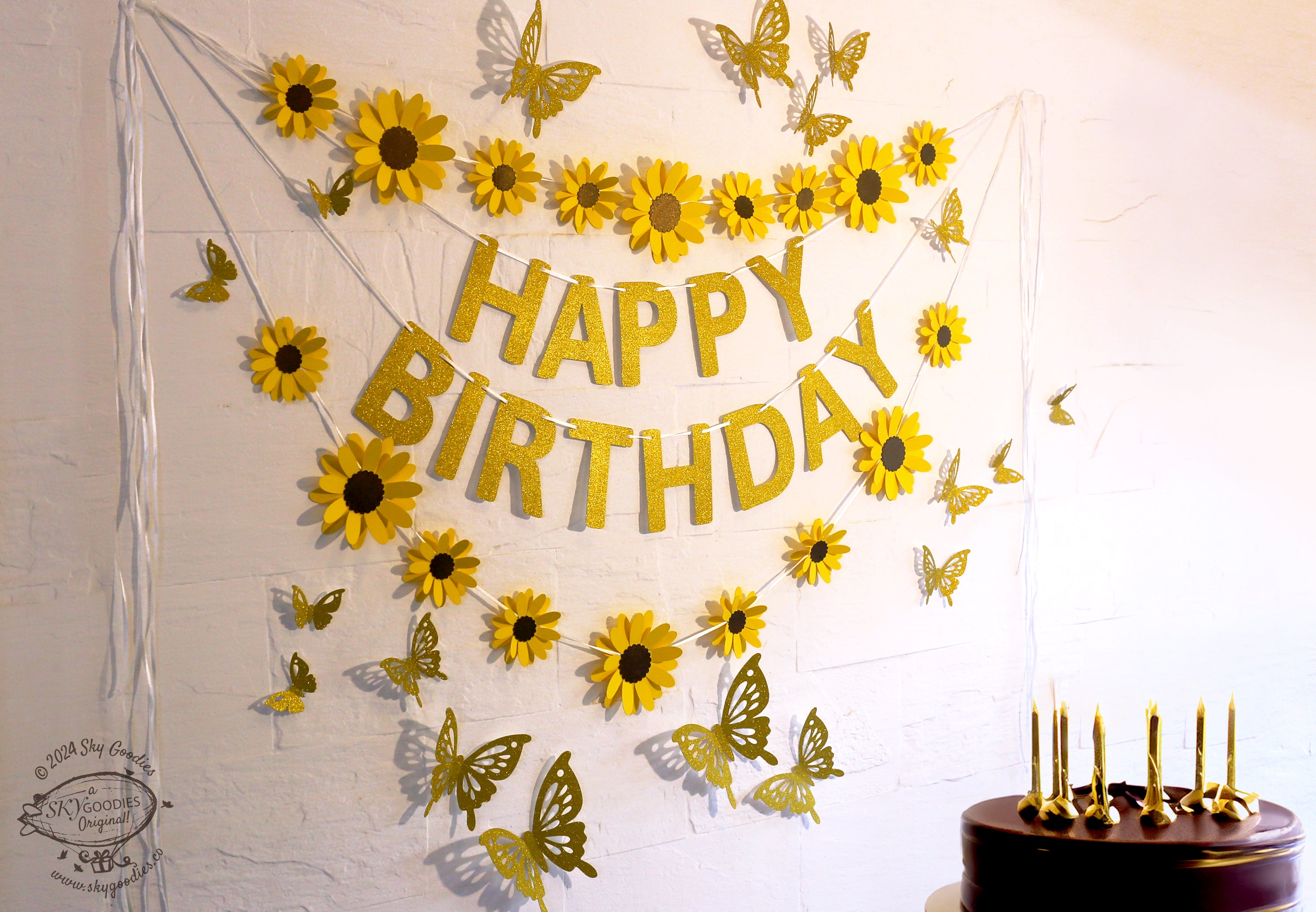 Yellow Sunflower, Butterflies and Happy Birthday Paper Party Decor