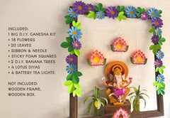Ganpati Decor Combo Saver 11 - Big Ganesha + 18 Flowers leaves + 2 Banana Trees + 4 Lotus Diyas