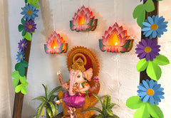 Ganpati Decor Combo Saver 11 - Big Ganesha + 18 Flowers leaves + 2 Banana Trees + 4 Lotus Diyas