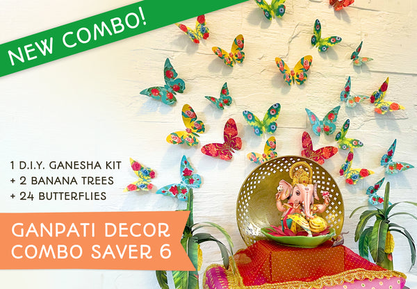 Ganpati Decor Combo Saver 6 - DIY Ganpati + 24 Colourful Butterflies + 2 Banana Trees