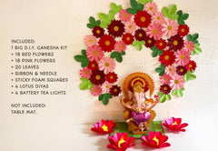 Ganpati Decor Combo Saver 8 - Big Ganesha + 36 Flowers + 20 Leaves + 4 Lotus Diyas