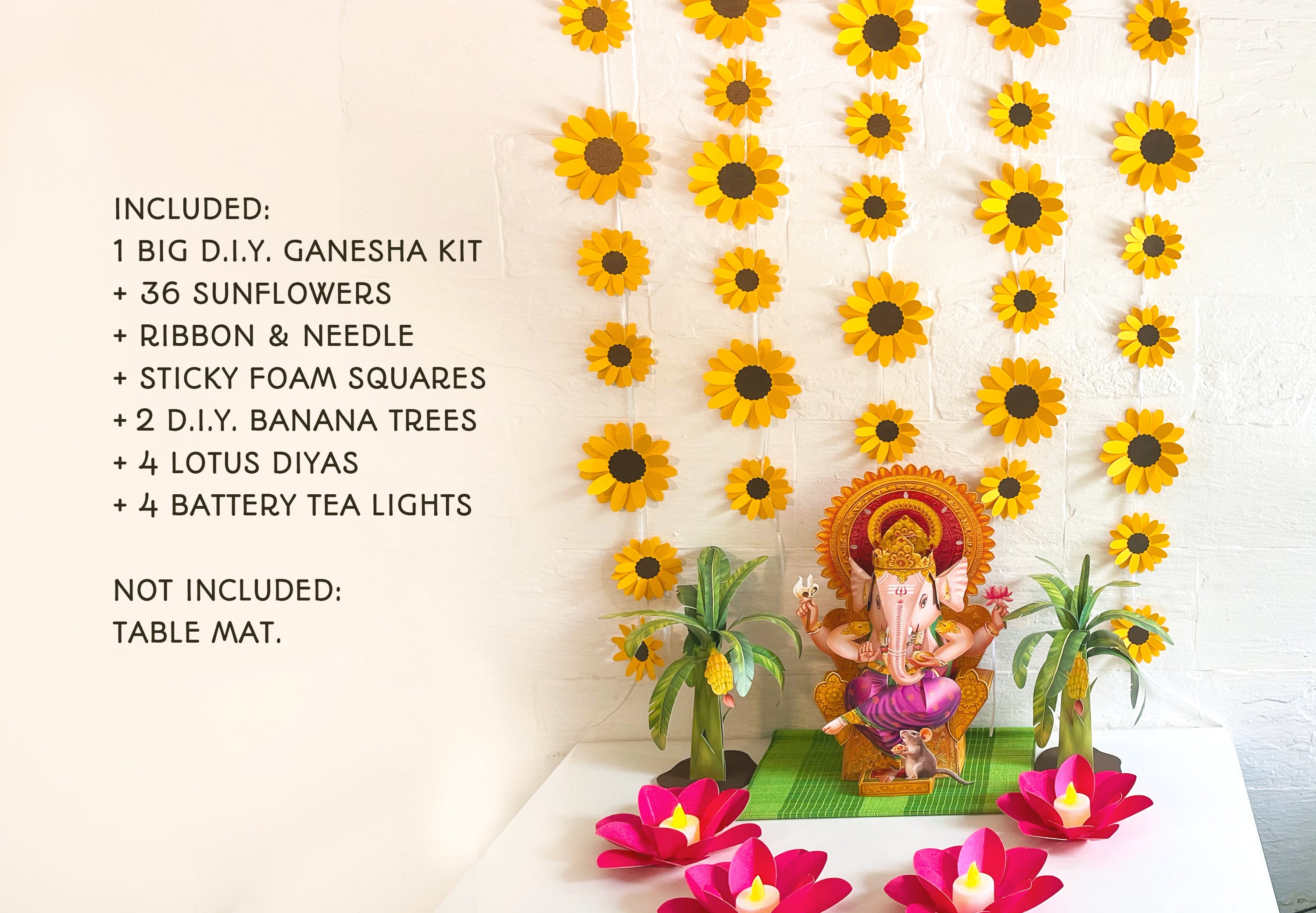 Ganpati Decor Combo Saver 9 - Big Ganesha + 36 Sunflowers + 2 Banana Trees + 4 Lotus Diyas