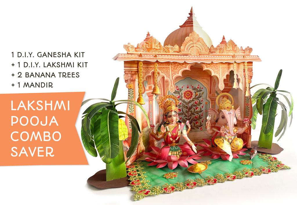Lakshmi Pooja Decor Combo Saver - DIY Ganpati + Lakshmi + Mandir + 2 Banana Trees