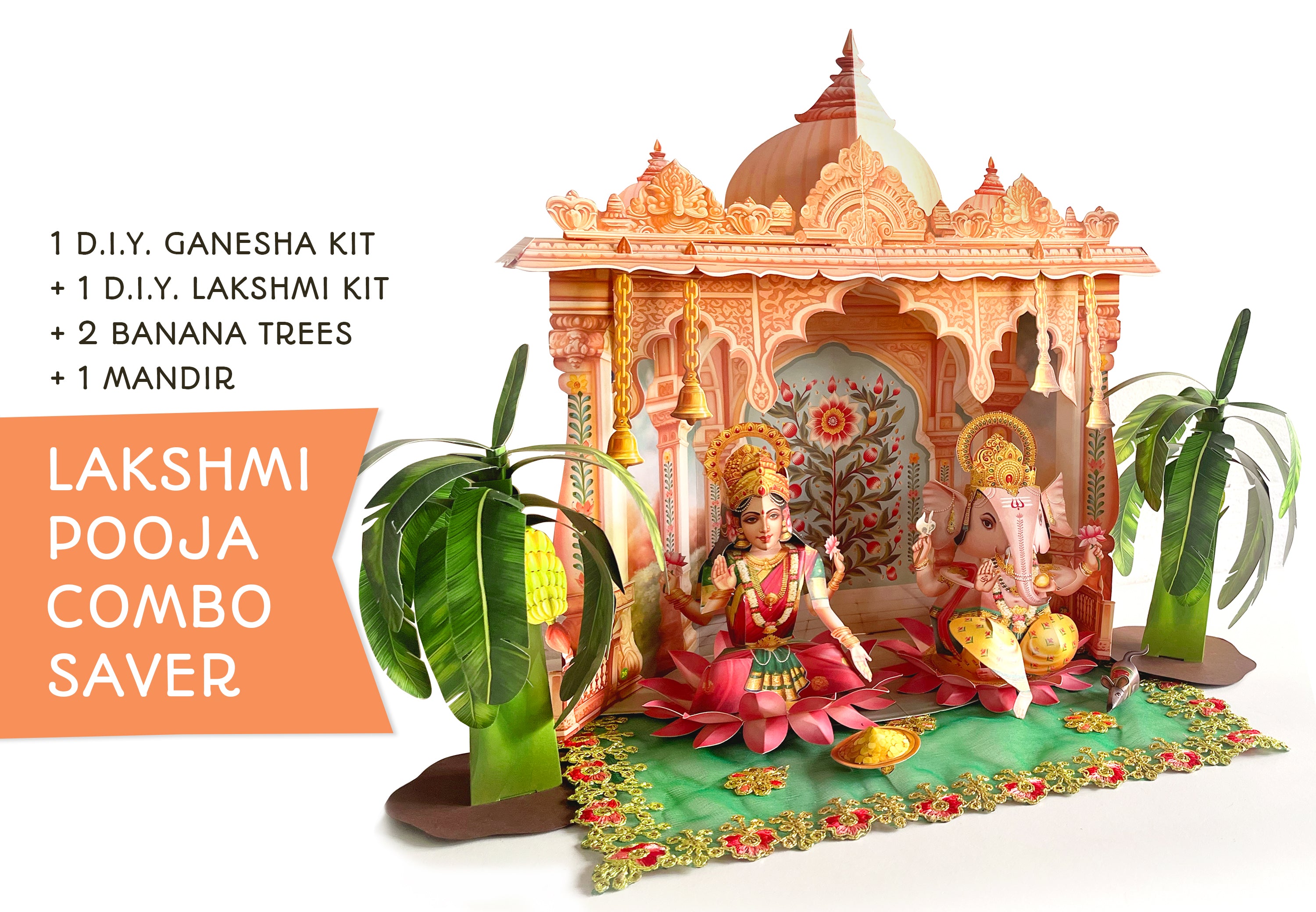 Lakshmi Pooja Decor Combo Saver - DIY Ganpati + Lakshmi + Mandir + 2 Banana Trees