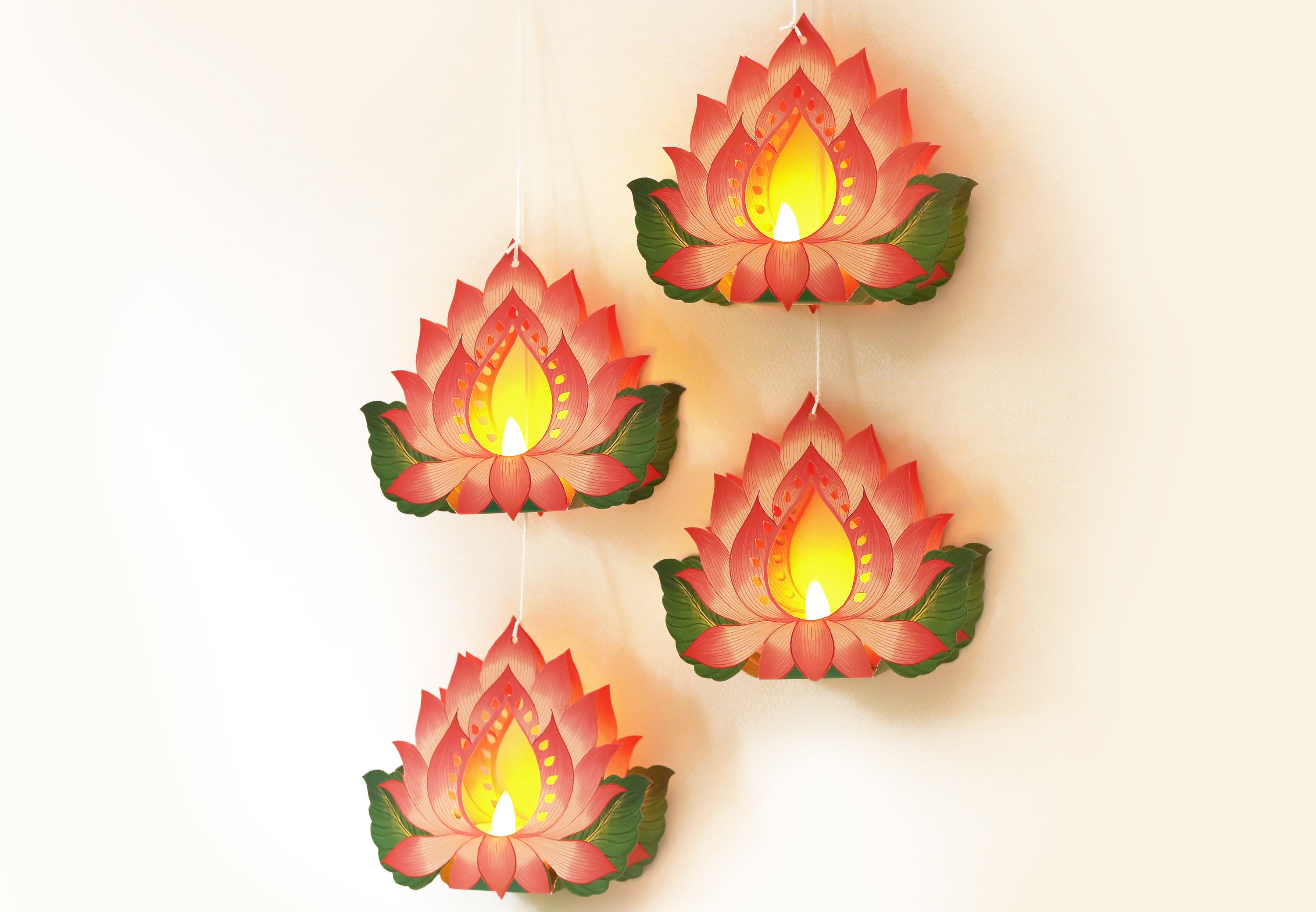 Set of 4 Hanging Lotus Diyas with Electric Tea Lights