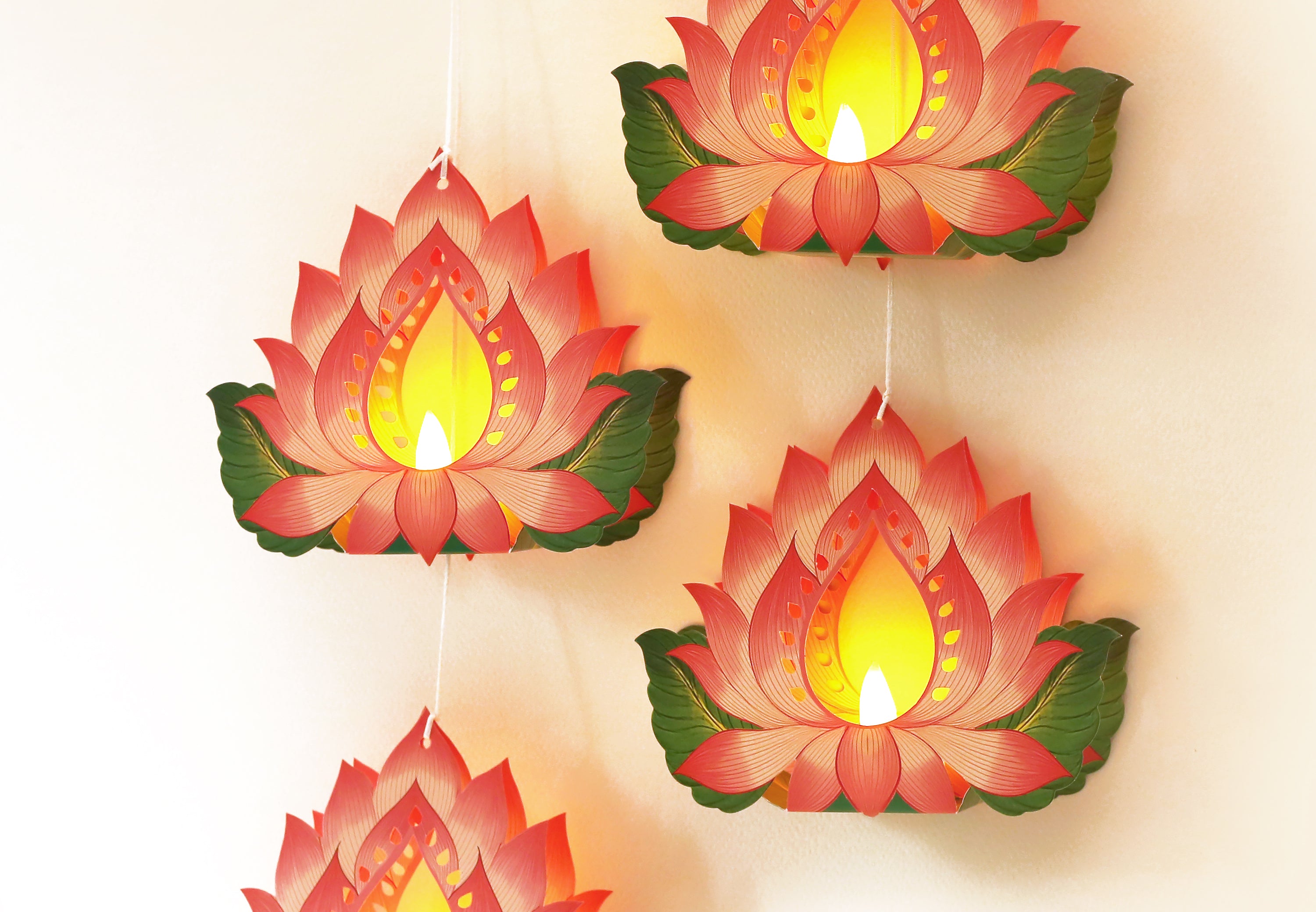Set of 4 Hanging Lotus Diyas with Electric Tea Lights