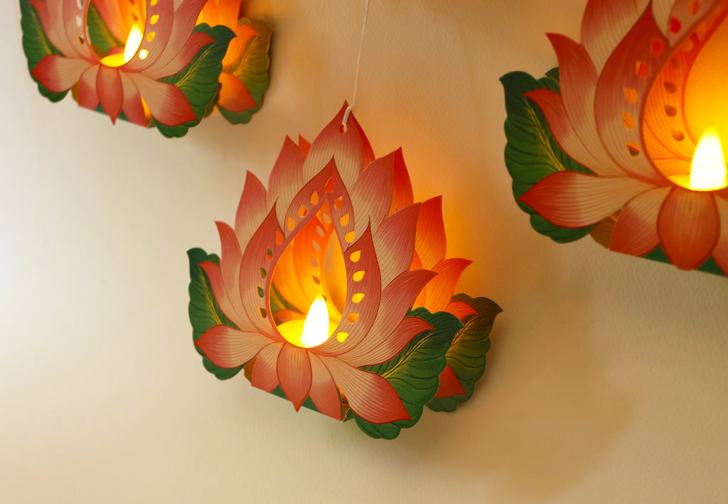 Set of 12 Hanging Lotus Diyas with Electric Tea Lights