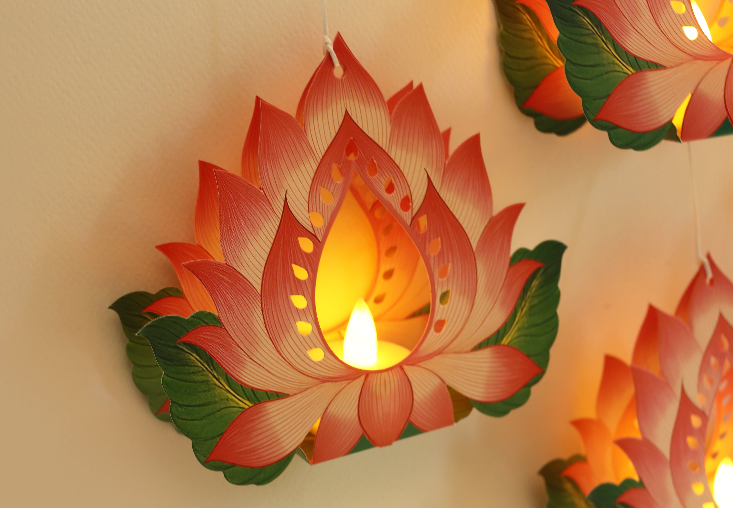 Set of 12 Hanging Lotus Diyas with Electric Tea Lights