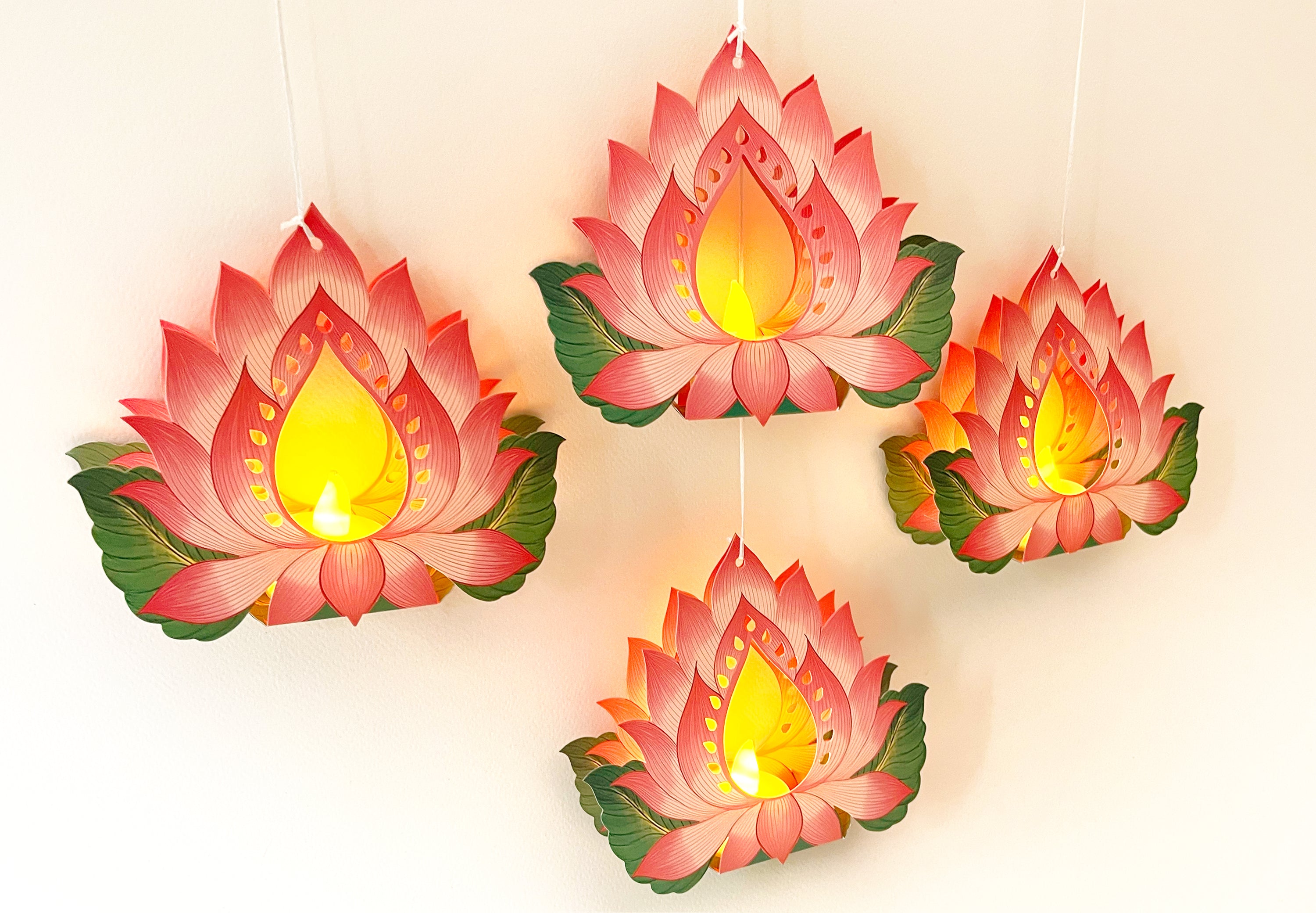 Set of 12 Hanging Lotus Diyas with Electric Tea Lights