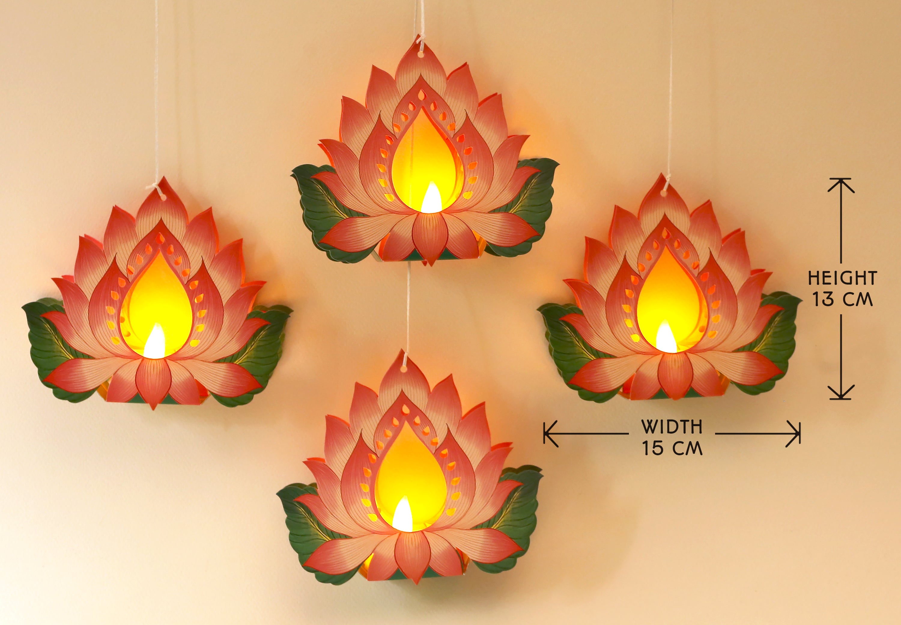 Set of 12 Hanging Lotus Diyas with Electric Tea Lights