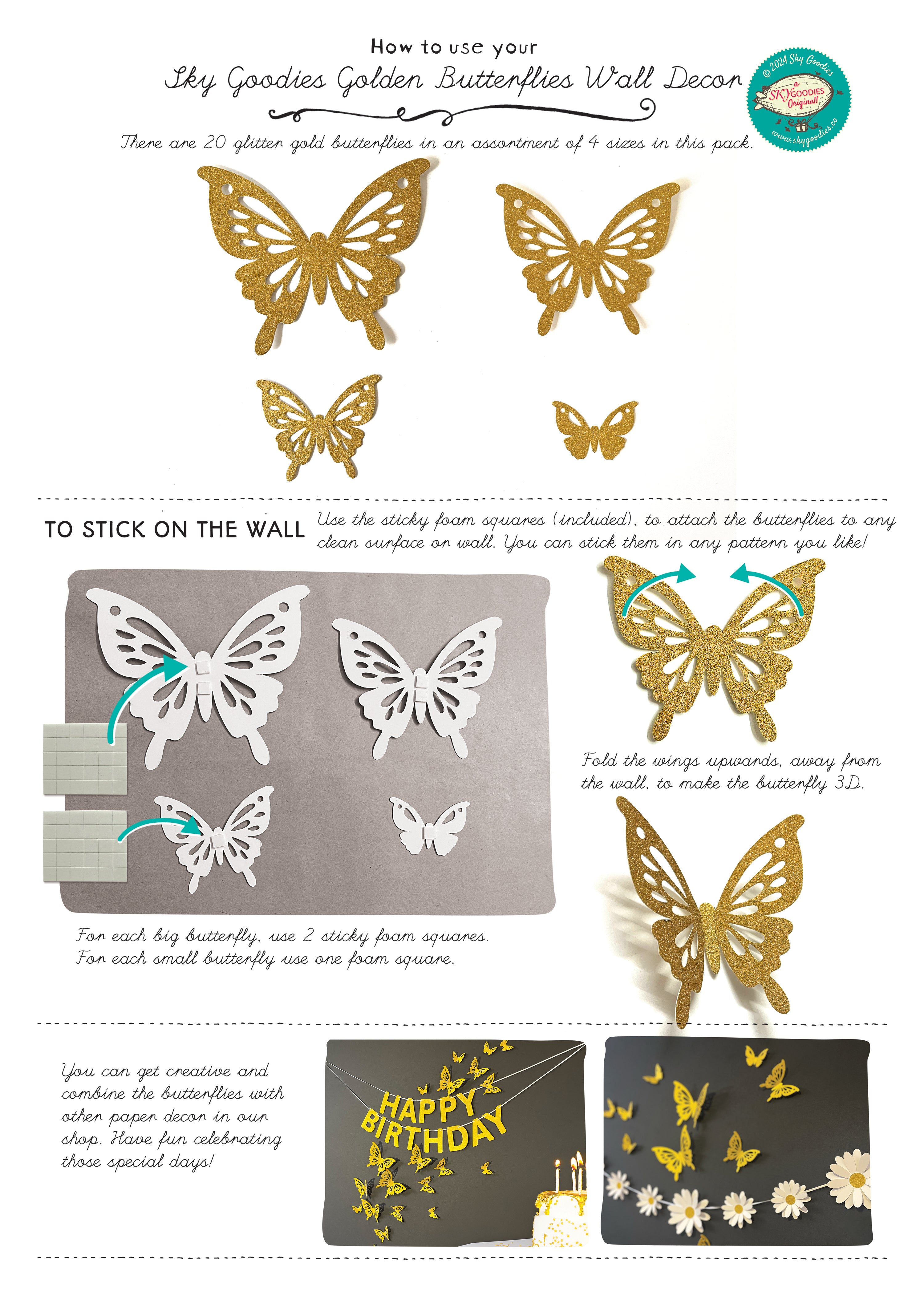 White Daisy Flower, Butterflies and Happy Birthday Paper Party Decor