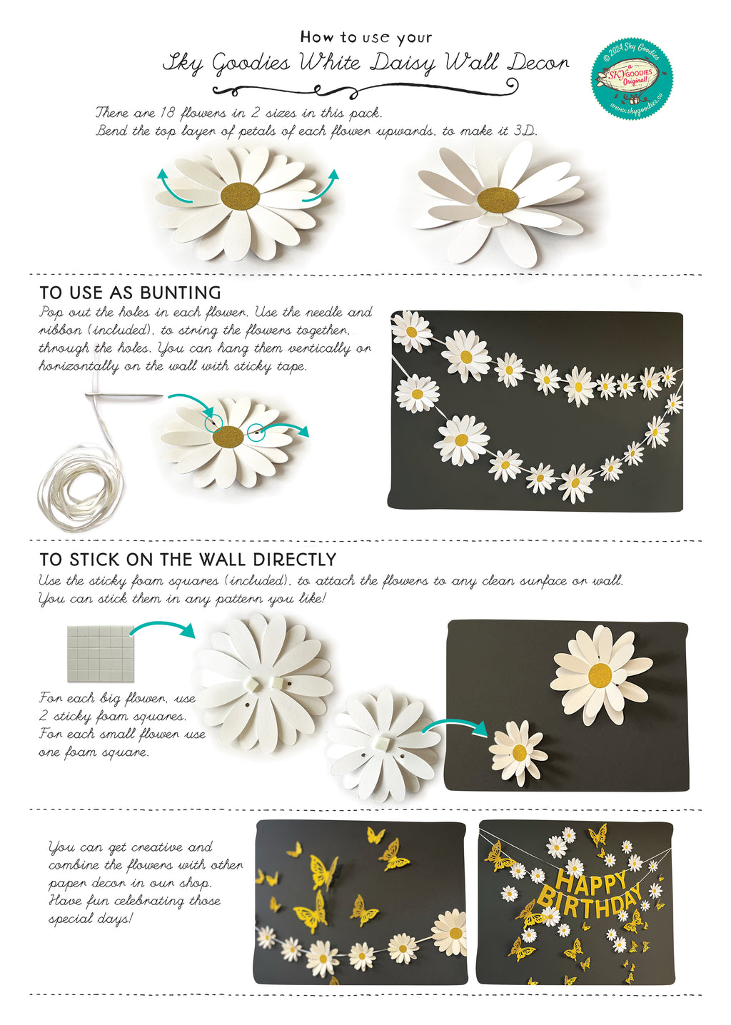 White Daisy Flower, Butterflies and Happy Birthday Paper Party Decor