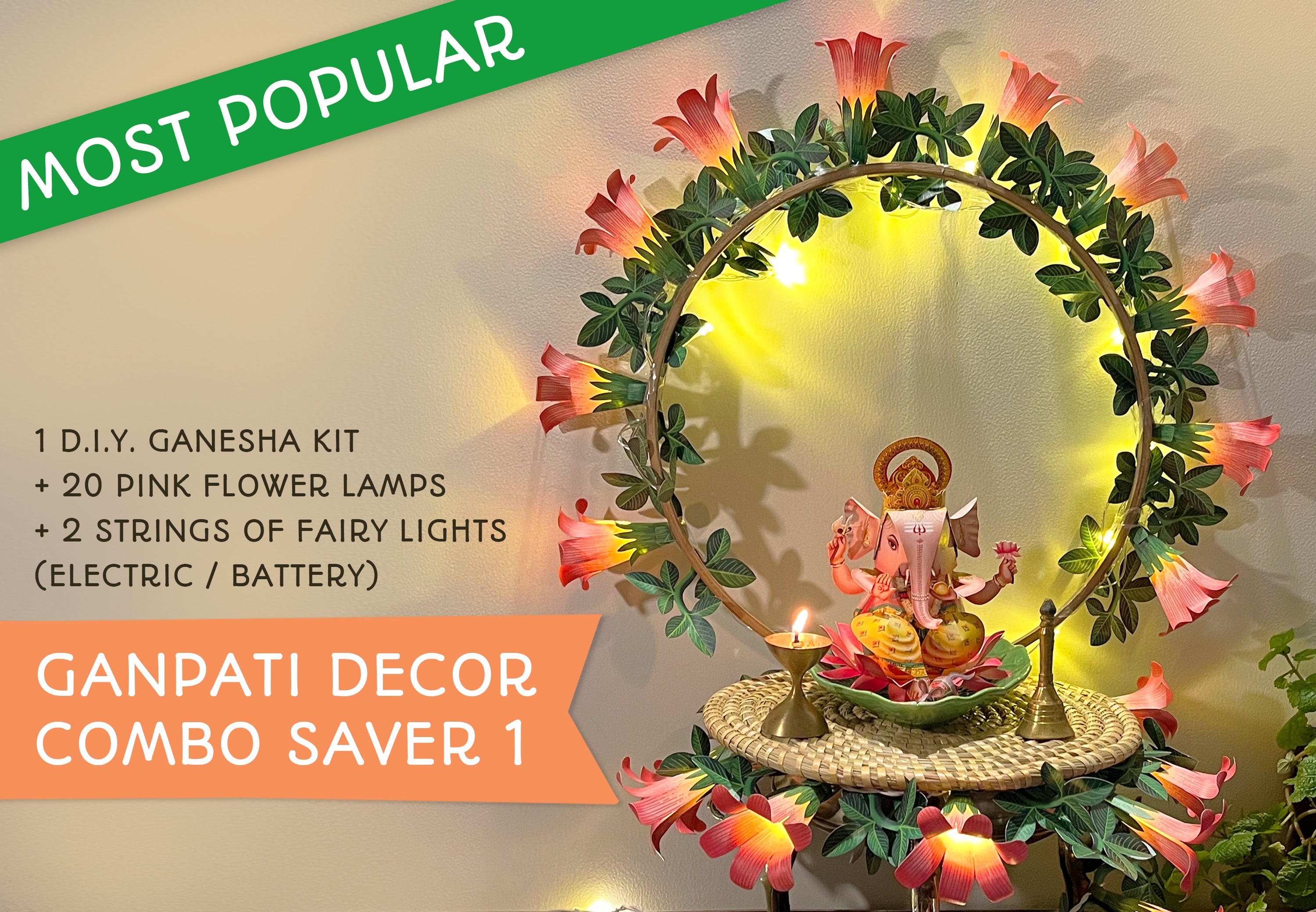 Ganpati Decor Combo Saver 1 - DIY Ganpati + 2 Flower Fairy Lights