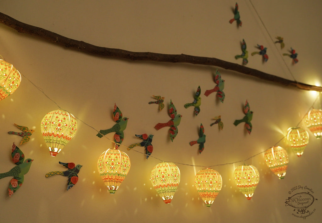 Paper Mini Hot Air Balloon Fairy Lights & Birds Wall Decor Combo