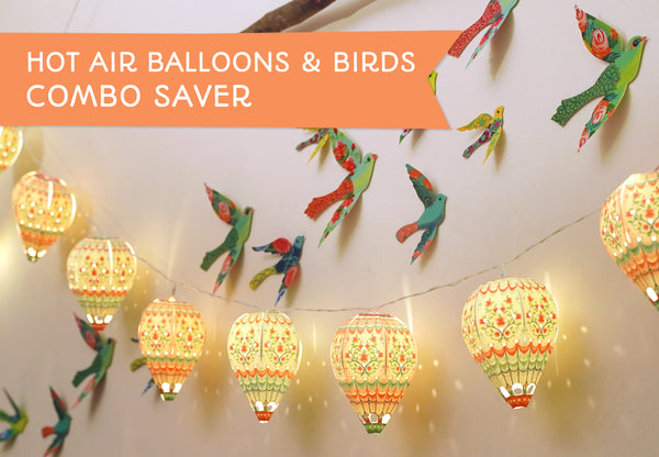 Paper Mini Hot Air Balloon Fairy Lights & Birds Wall Decor Combo
