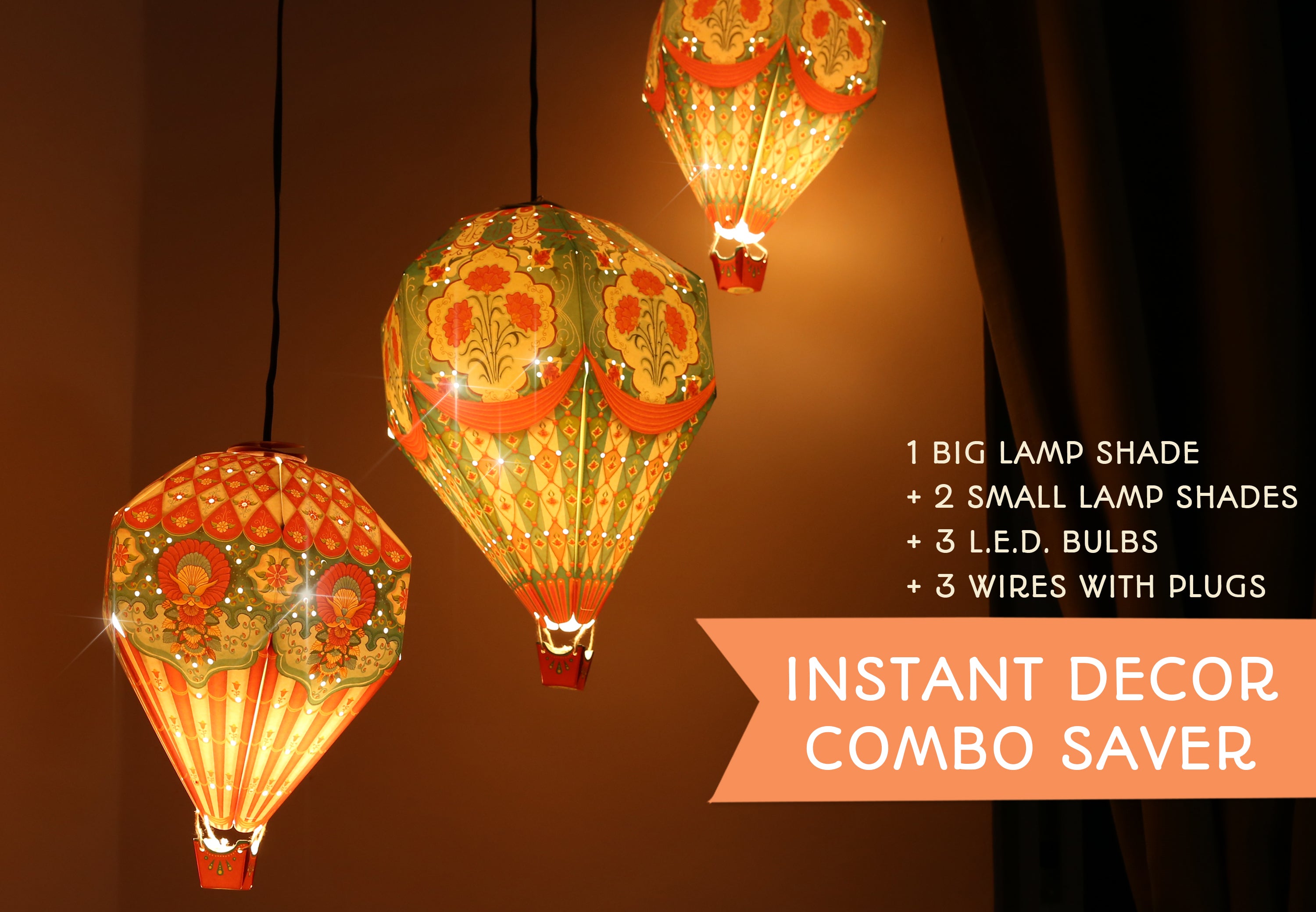 Instant Decor Combo Saver: 3 Hot Air Balloon Paper Lamps + bulbs + wires