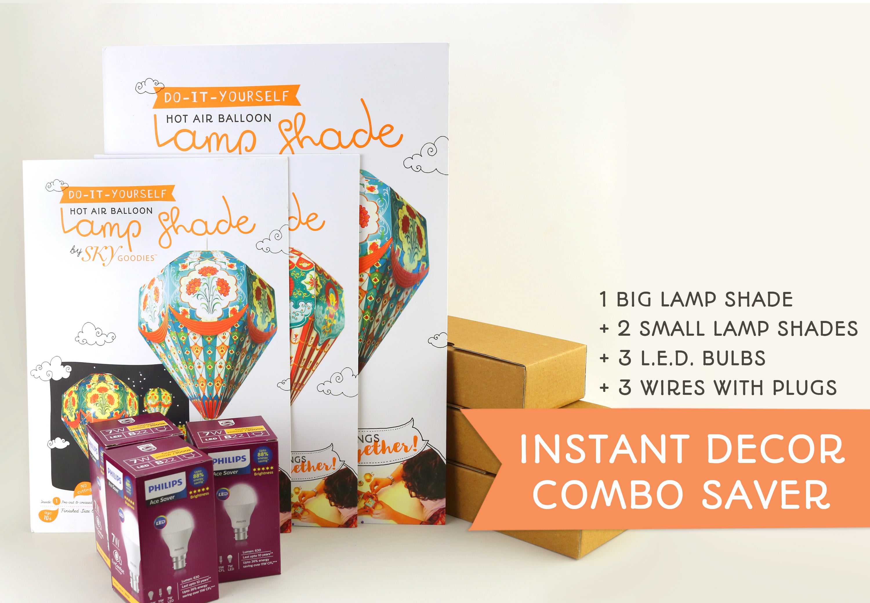 Instant Decor Combo Saver: 3 Hot Air Balloon Paper Lamps + bulbs + wires