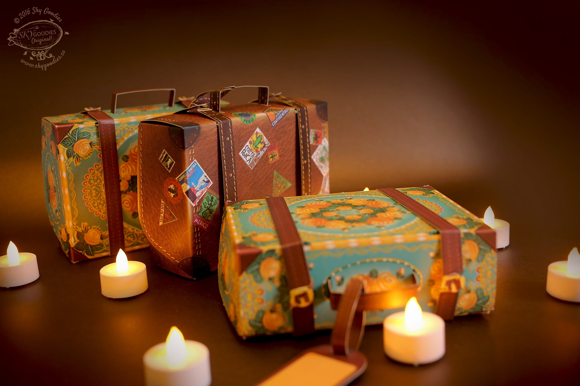 Set of 10 Brown Travel Suitcase Gift Boxes