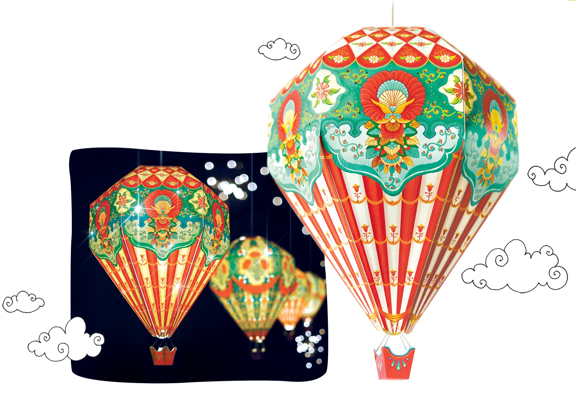 Instant Decor Combo Saver: 3 Hot Air Balloon Paper Lamps + Bulbs + Wires