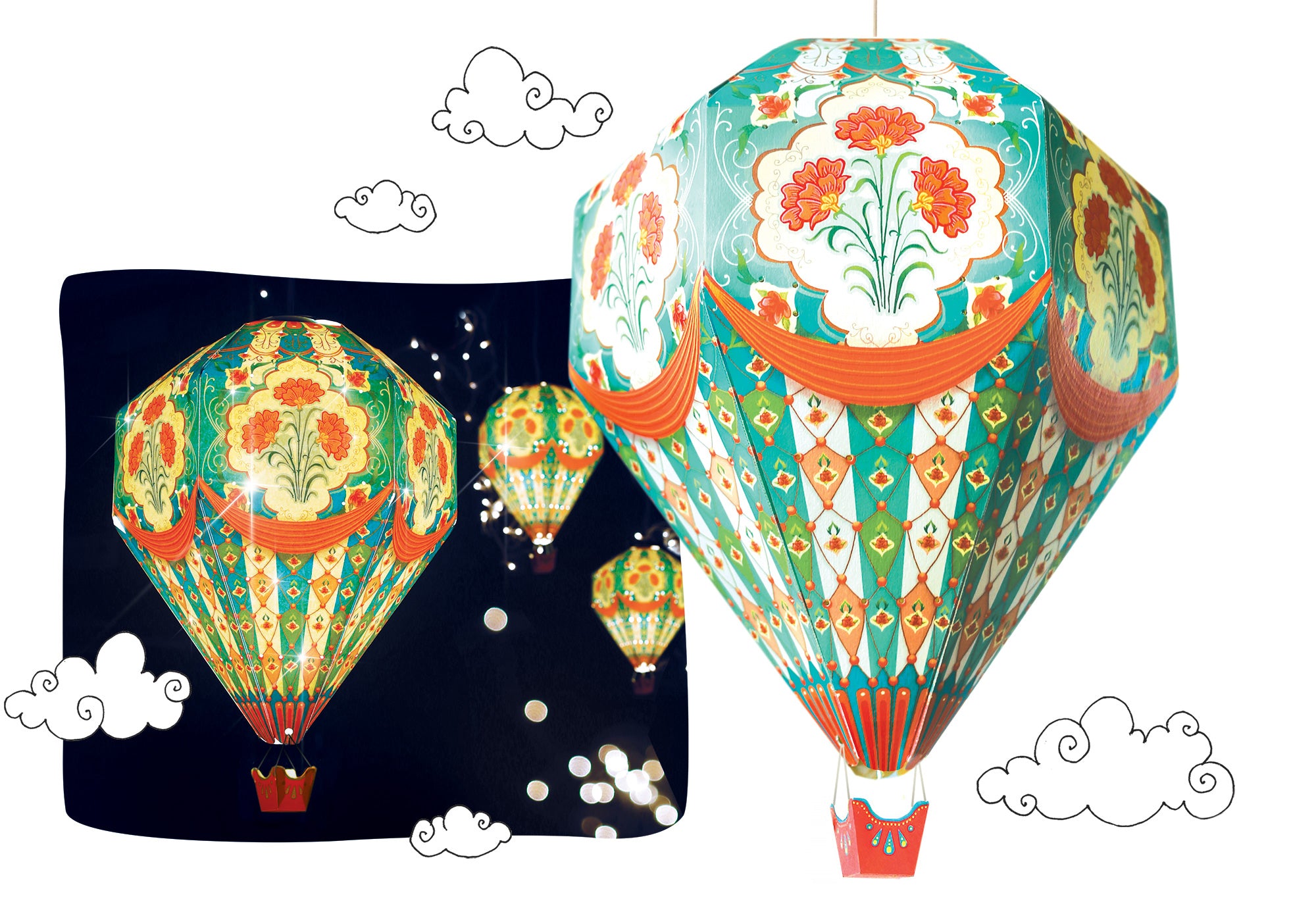 Instant Decor Combo Saver: 3 Hot Air Balloon Paper Lamps + bulbs + wires
